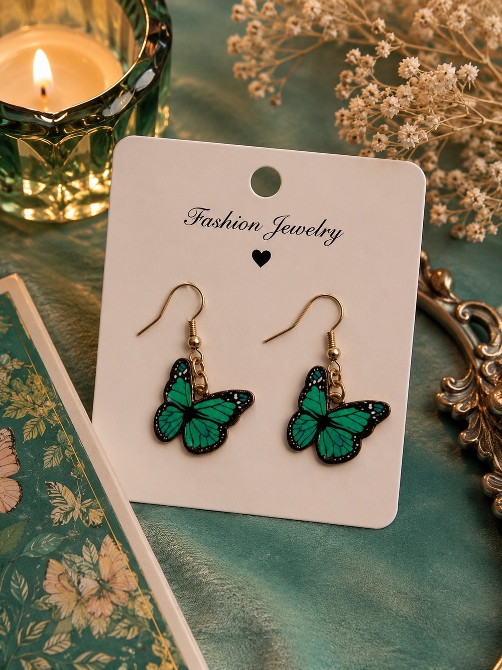 Teal Butterfly Gold-Tone Dangle Earrings